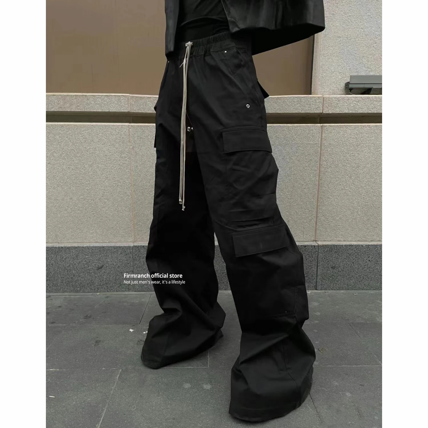 Firmranch Black RO Baggy Cargo Pants For Men Women Drawstring Waist Design Large Pockets Wide-leg Oversized Mopping Trousers