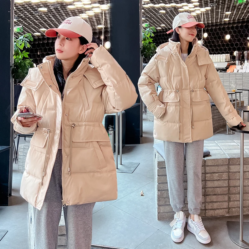 Winter Women Hooded Down Coat Lady Soft Loose Down Cotton Jacket Blue Adjustable Waist Parkas Outwear