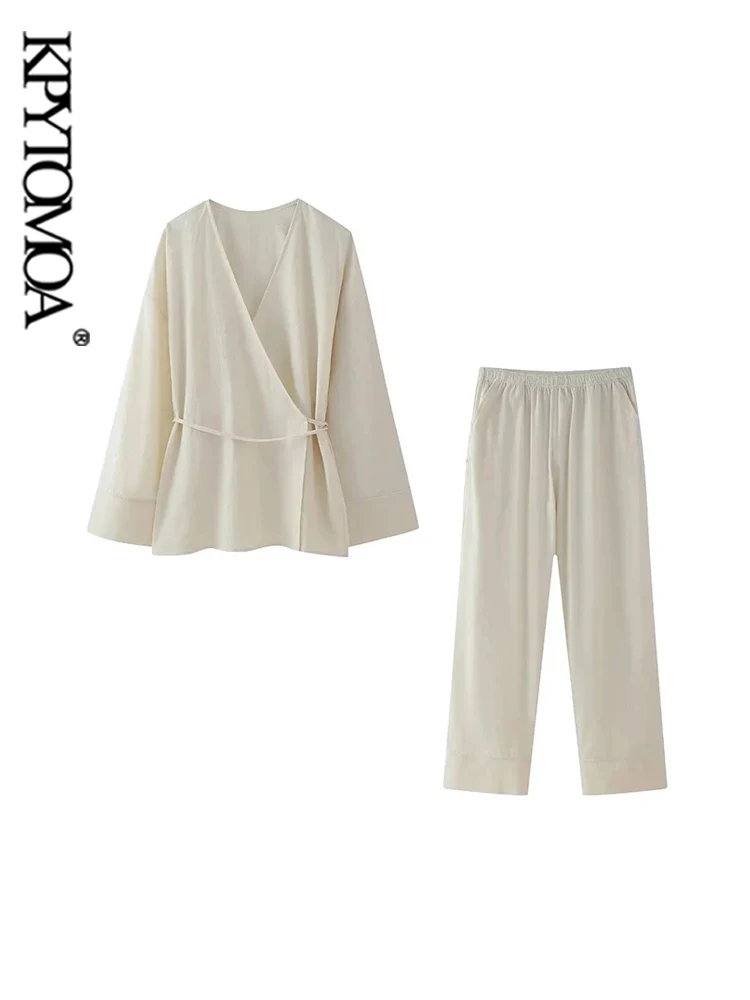 KPYTOMOA Женское Текстурированное Кимоно Комплект Из Блузки И Брюк