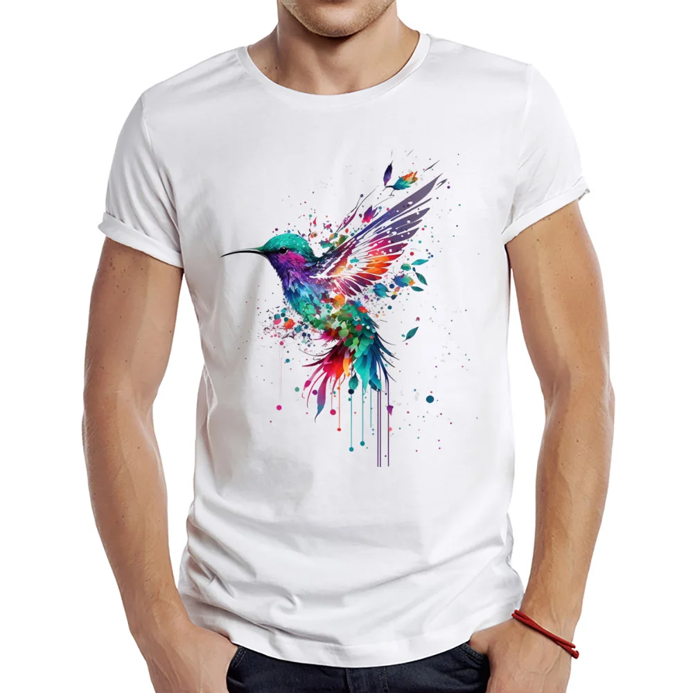 

2023 Men's New Watercolor Hummingbird Design Short Sleeve T-Shirt Cool Animal Printed Tops Hipster Tee