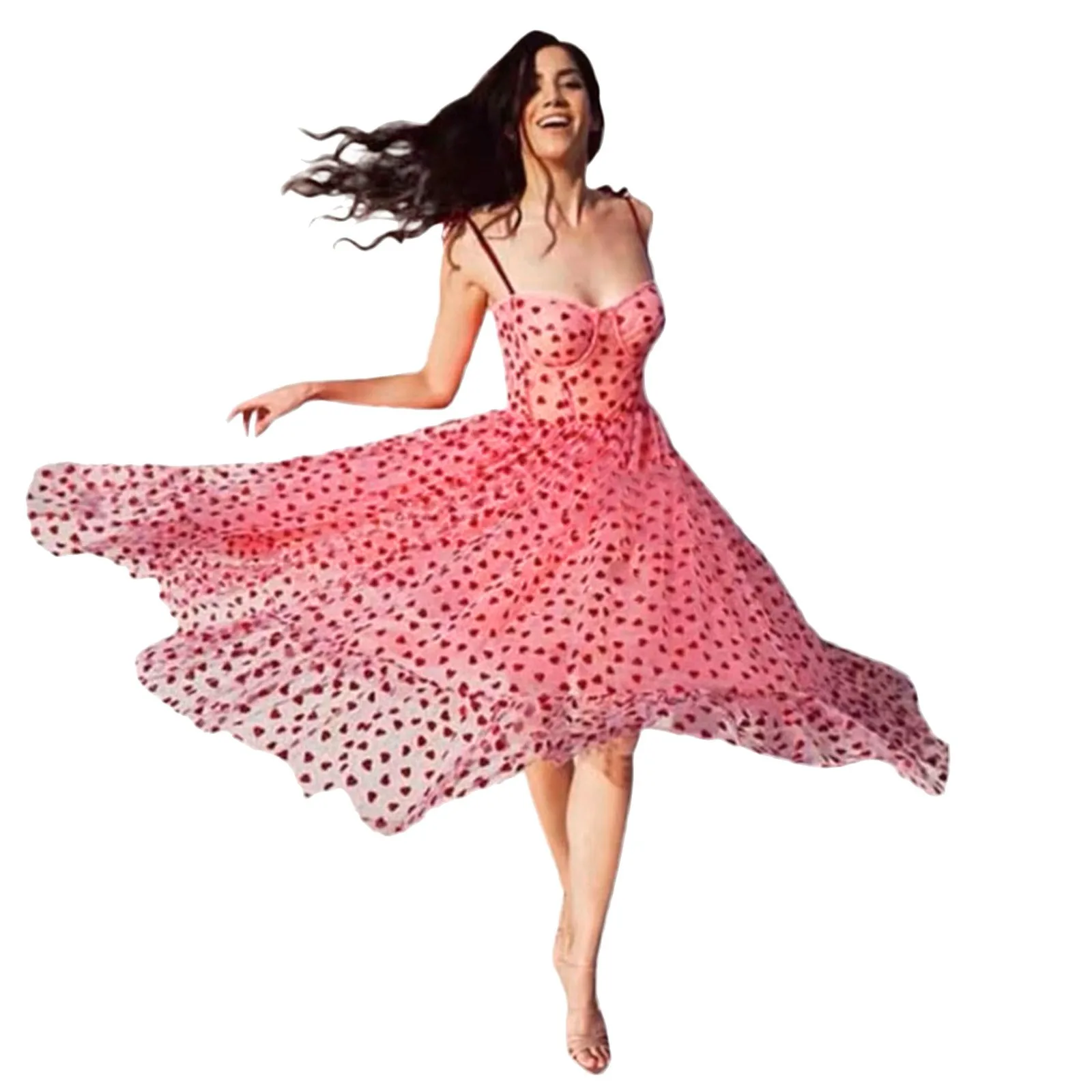 

Милое розовое платье принцессы с вышивкой в виде любящего сердца, большие свободные женские платья 2023, пикантные длинные платья на бретелях...