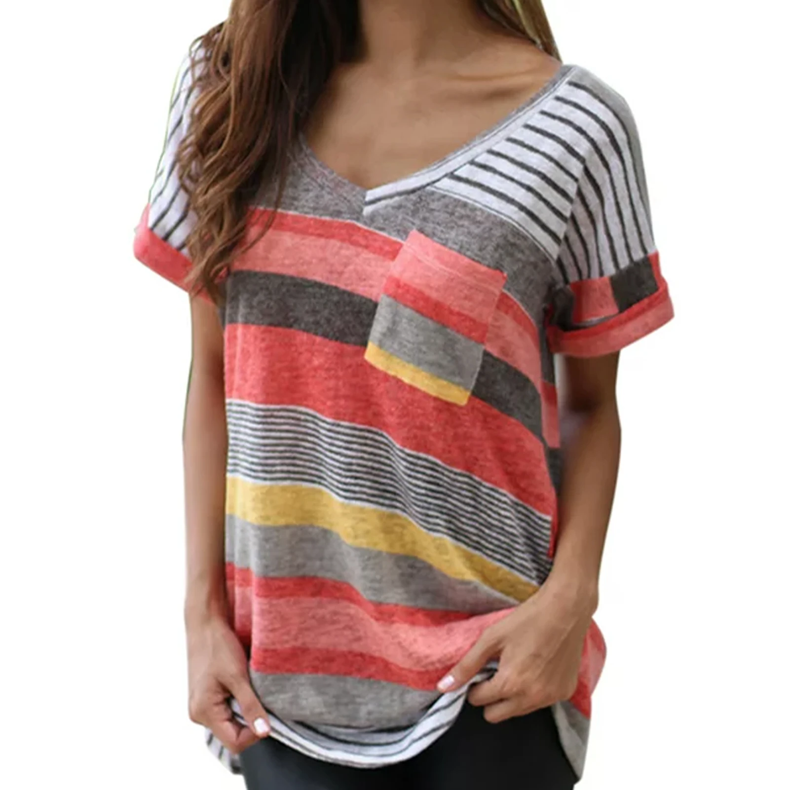 

V Neck Short Sleeve Tops Casual Irregular Striped Print Sports With Pocket Retro Summer Fashion Ladies Women T Shirt Loose Soft