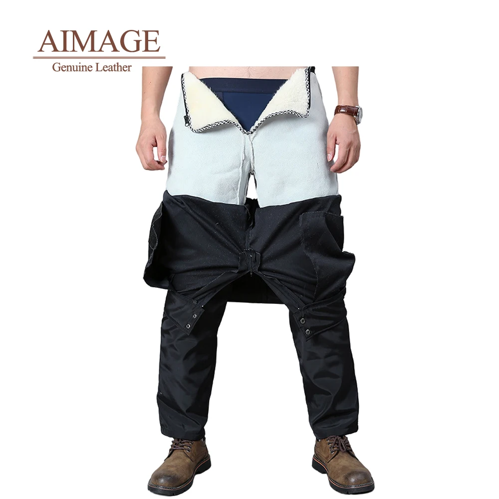AIMAGE men winter pants high waist genuine leather pants warm thicken outdoor trousers wool liner cargo pants PY259