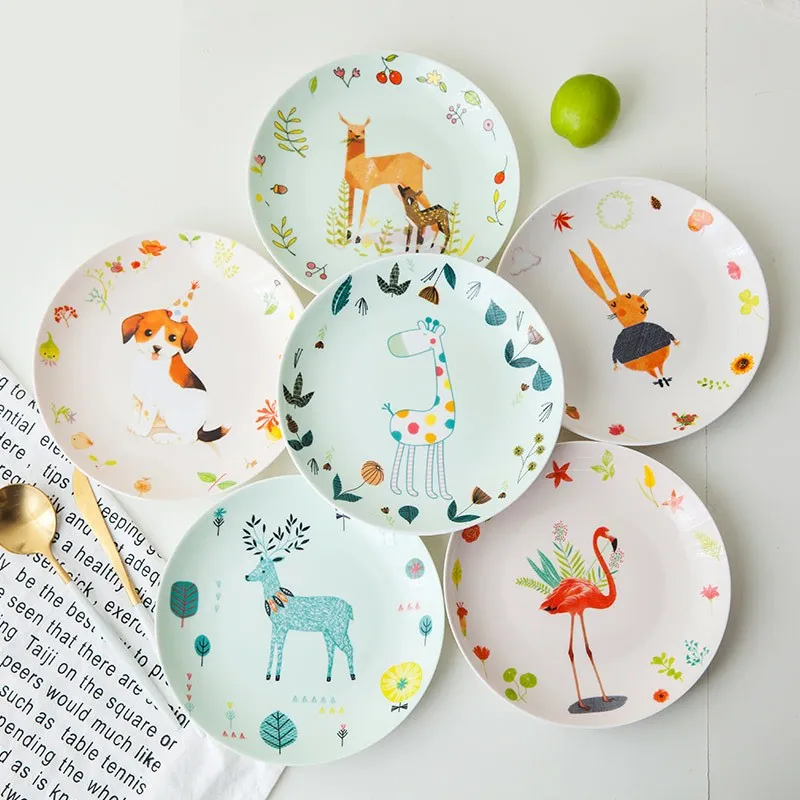 

8 Inch Ceramic Plate Cartoon Bowl Porcelain Tableware Spoon Breakfast Cake Dishes Fruit Tray Ceramic Tableware Dinner Plates