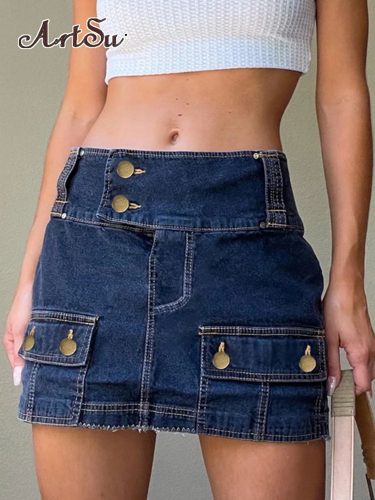 

Artsu Y2K джинсовая юбка для женщин контрастная строчка тонкая мини низкая талия сексуальная юбка корейская мода лето Рок Хиппи одежда