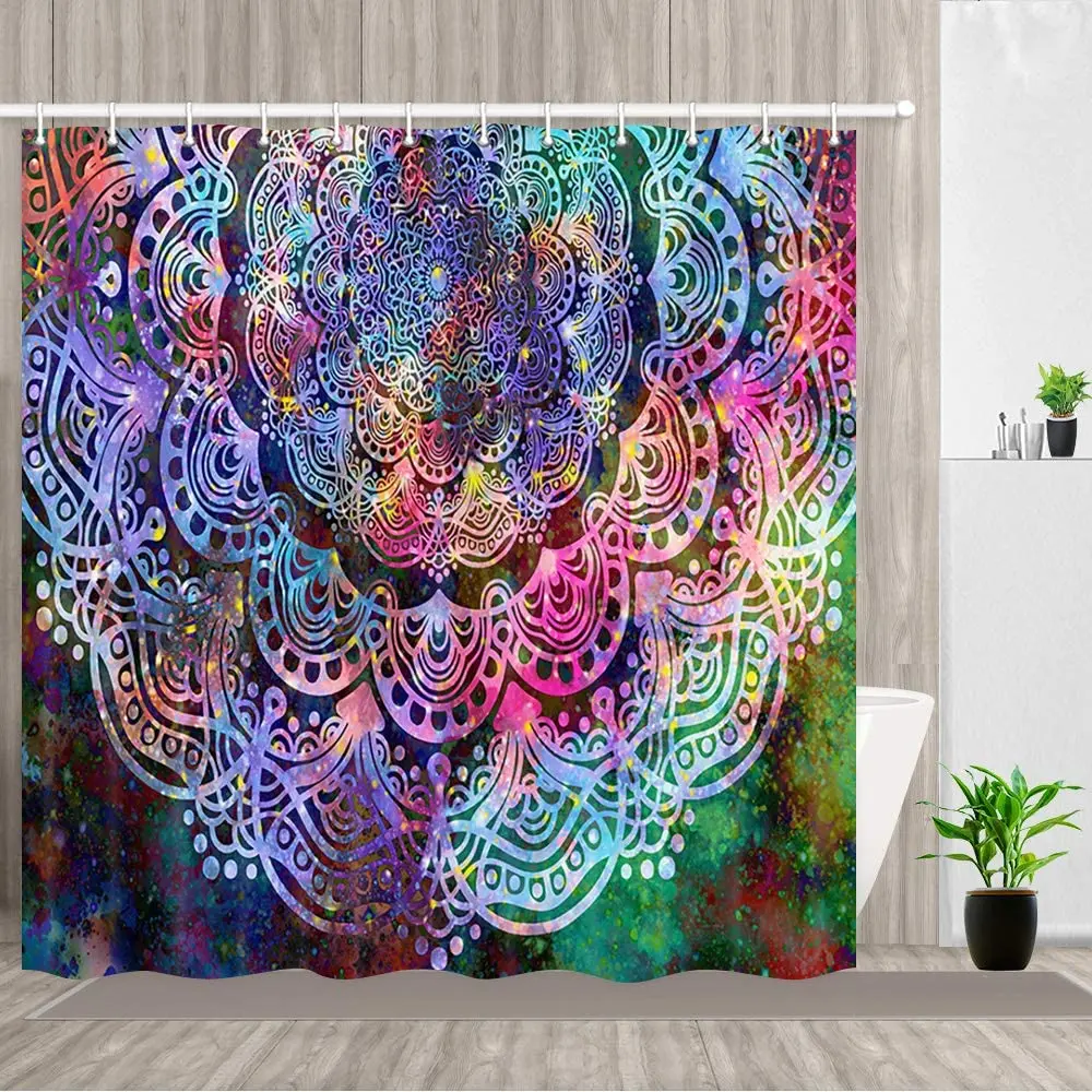 

Mandala Shower Curtain Colorful Mandala Flower Starry Background Polyester Fabric Bath Bathroom Curtains Set with Hooks