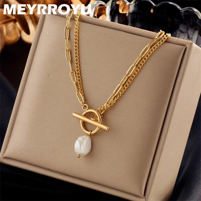 

MEYRROYU 316L Stainless Steel Fresh Pearl Pendant Double Layers Chain Necklace For Women Party Gift Bijoux Femme Accessories