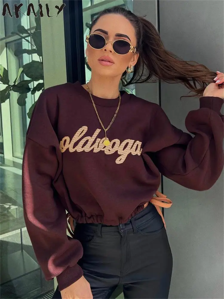 

Akaily Fall Brown Letter Print Hoodies For Women Fashion 2022 Loose O Neck Long Sleeve Tops Ladies Solid Casual Sweatshirts