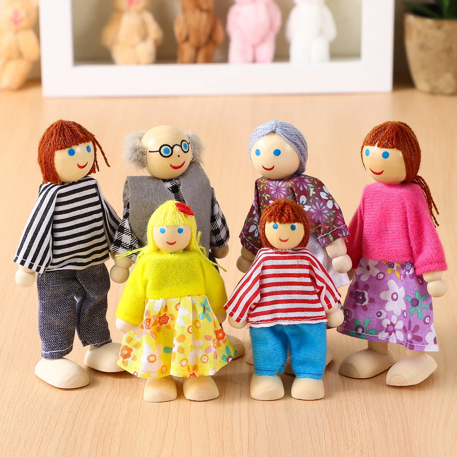 

6 Pcs Miniature Dolls Wood House Family People Figures Wooden Bamboo Member Child