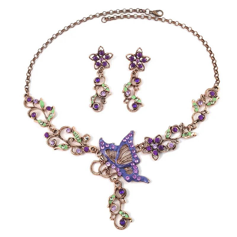 

Butterfly Drop Necklace Earring Set Exaggerated Full Diamond Geometric Crystal Flower Bridal Wedding Jewelry Personalized Suit
