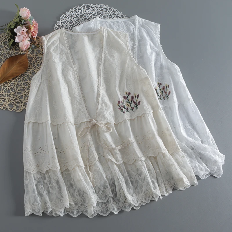 

Summer New Large V-neck Lace Lace Stitching Embroidery Women's Sweet and Fresh Forest Sleeveless Lace-up Cardigan Vest