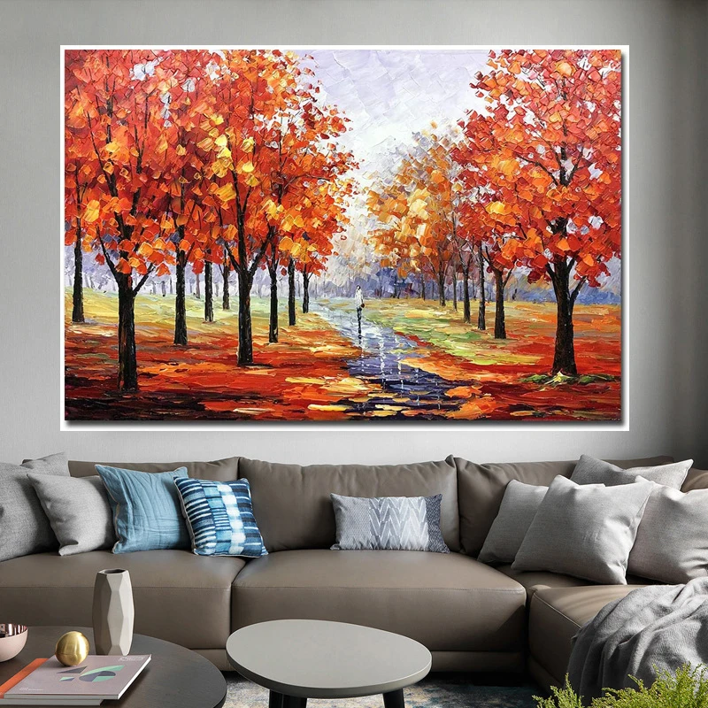

Картины маслом 100% ручная роспись осень цветущее дерево настенное искусство дождливый осенний пейзаж Абстрактная Картина на холсте лес
