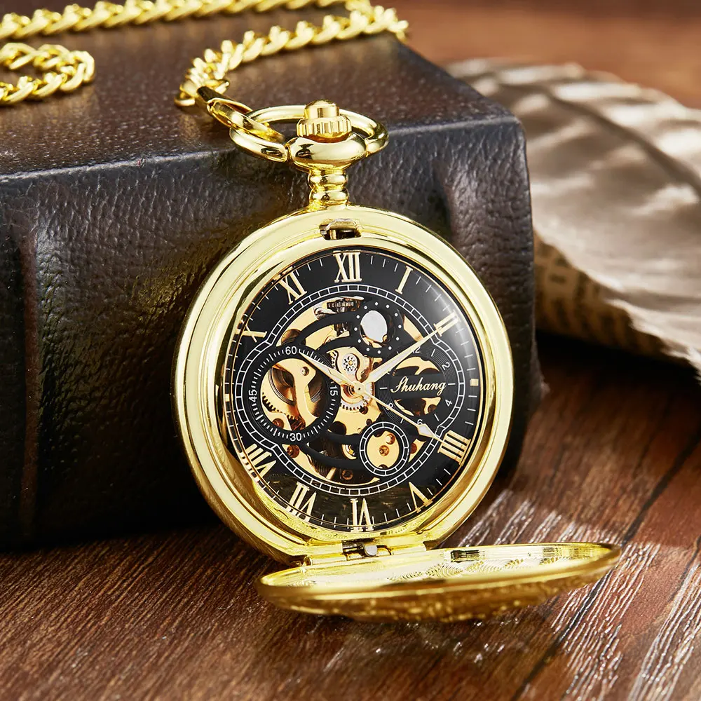 Vintage Golden Dragon Phoenix Hollow Exquisite Sculpture Skeleton Mechanical Pocket Watches Retro Men Chains Lucky Lover Wedding