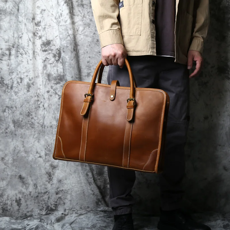 Retro Men's Leather Handbag Top Layer Cowhide Single-Shoulder Handbags Bag Designer Large-Capacity Computer Business Briefcase