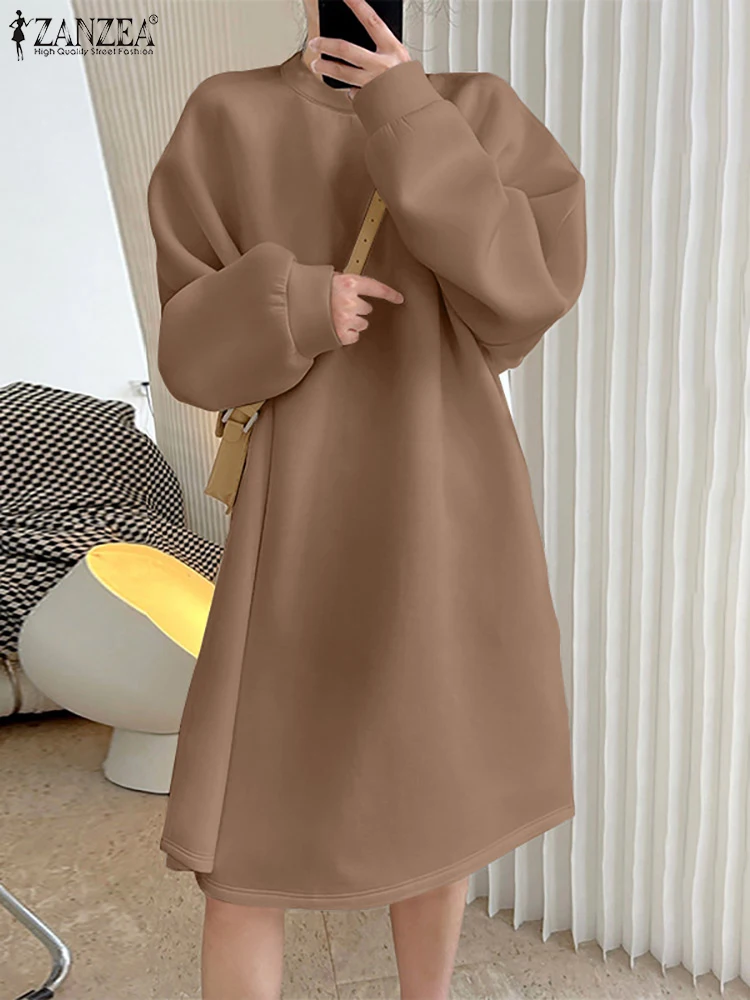 

ZANZEA Casual Long Puff Sleeve Sweatshirt Dress Oversize Women BF Style Korean Fashion Knee-length Dress Crew Neck Pullover Robe