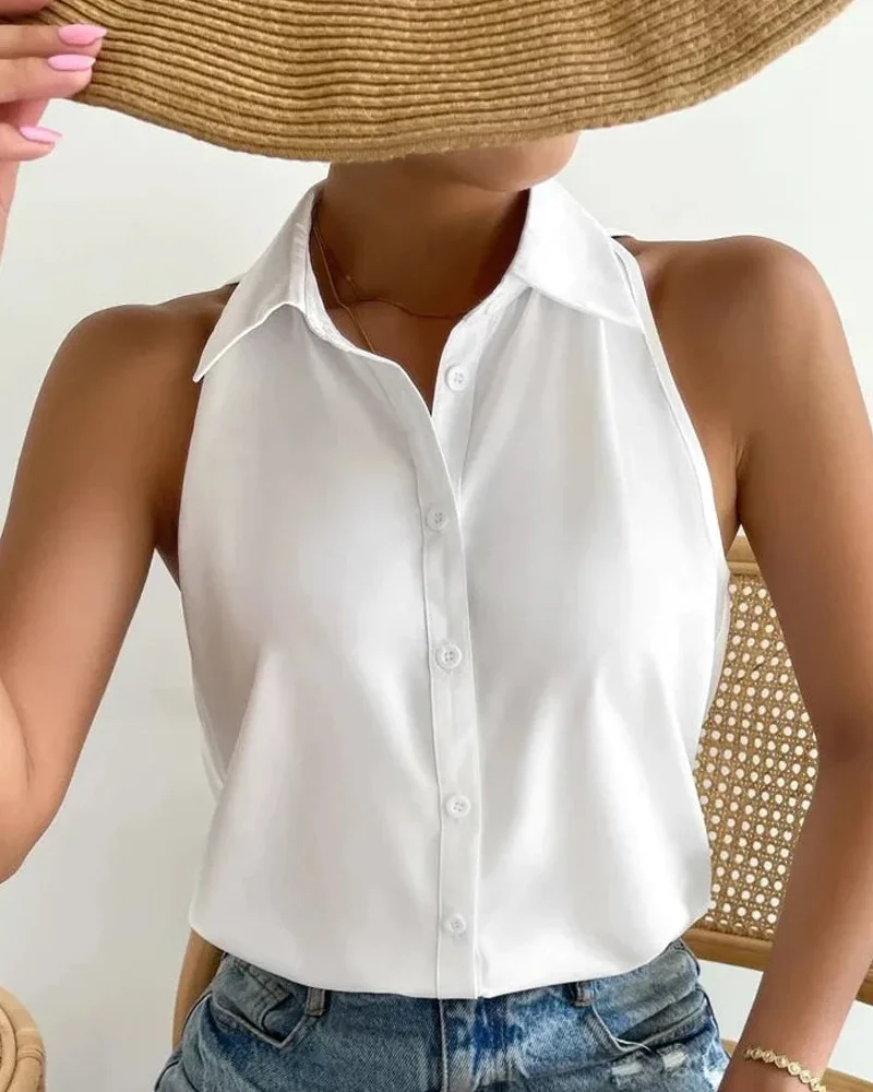

Turndown Collar Sleeveless Buttoned Top Women Casual Shirts Single Breasted Fashion Spring Summer Camis Tanks Tops Solid Color