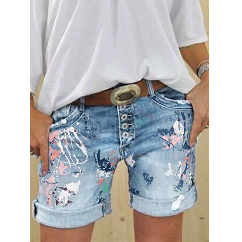 

Summer New Plus Size Women's Denim Shorts Washed Printed Jeans 2021 Female Flower Casual Bottoms Harajuku Vintage Streetwears
