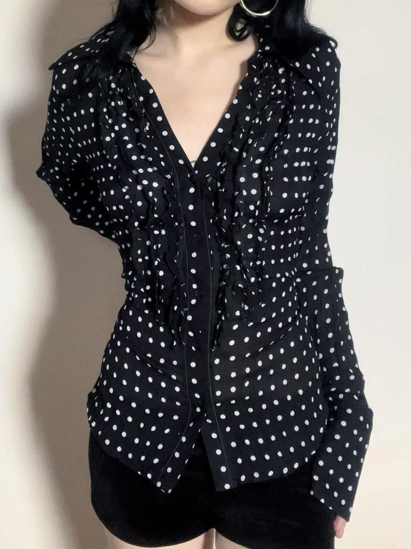 Rockmoer блузки с принтом в горошек женские винтажные однобортные рубашки рюшами и