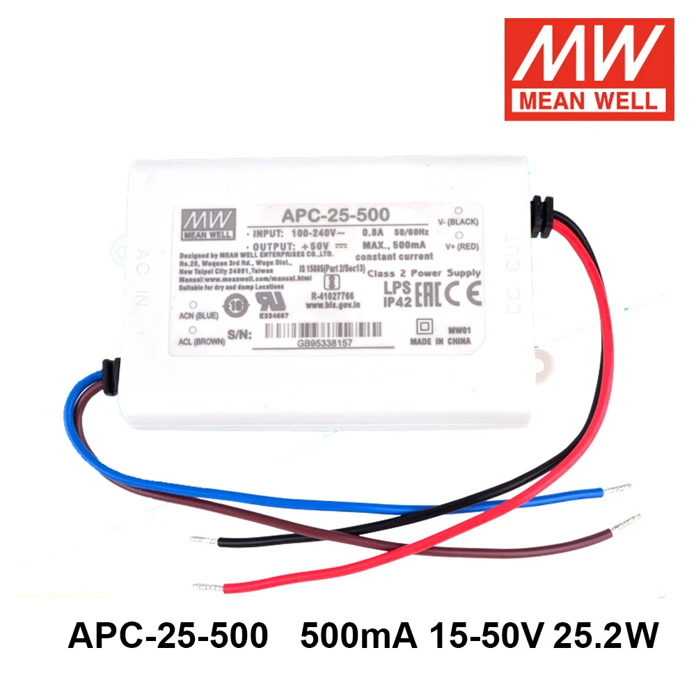 

Original Mean Well APC-25-500 LED Driver 85-264V AC TO DC 15-50V 350mA 25.2W Single Output Switching Power Supply APC-25 IP42