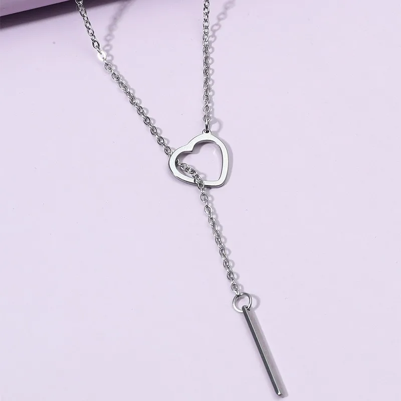 

New Fashion One word Peach Heart Necklace Stainless Steel Collar Chain Y-shaped Sweater Chain for Women Girl Jewelry Gift
