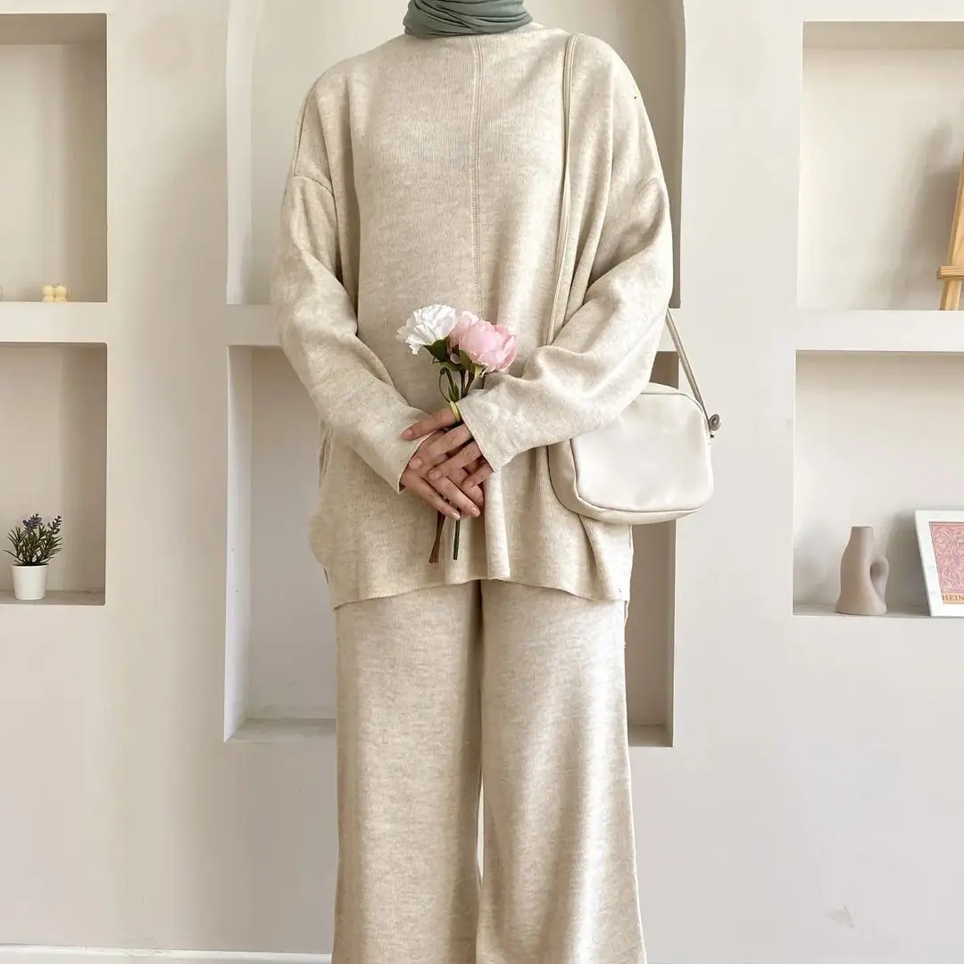 Ramadan Autumn Winter Knitted Muslim Sets Women Dress Abaya 2 Piece Sweater Pant Set Turkey Party Kaftan Islam Modest Outfits