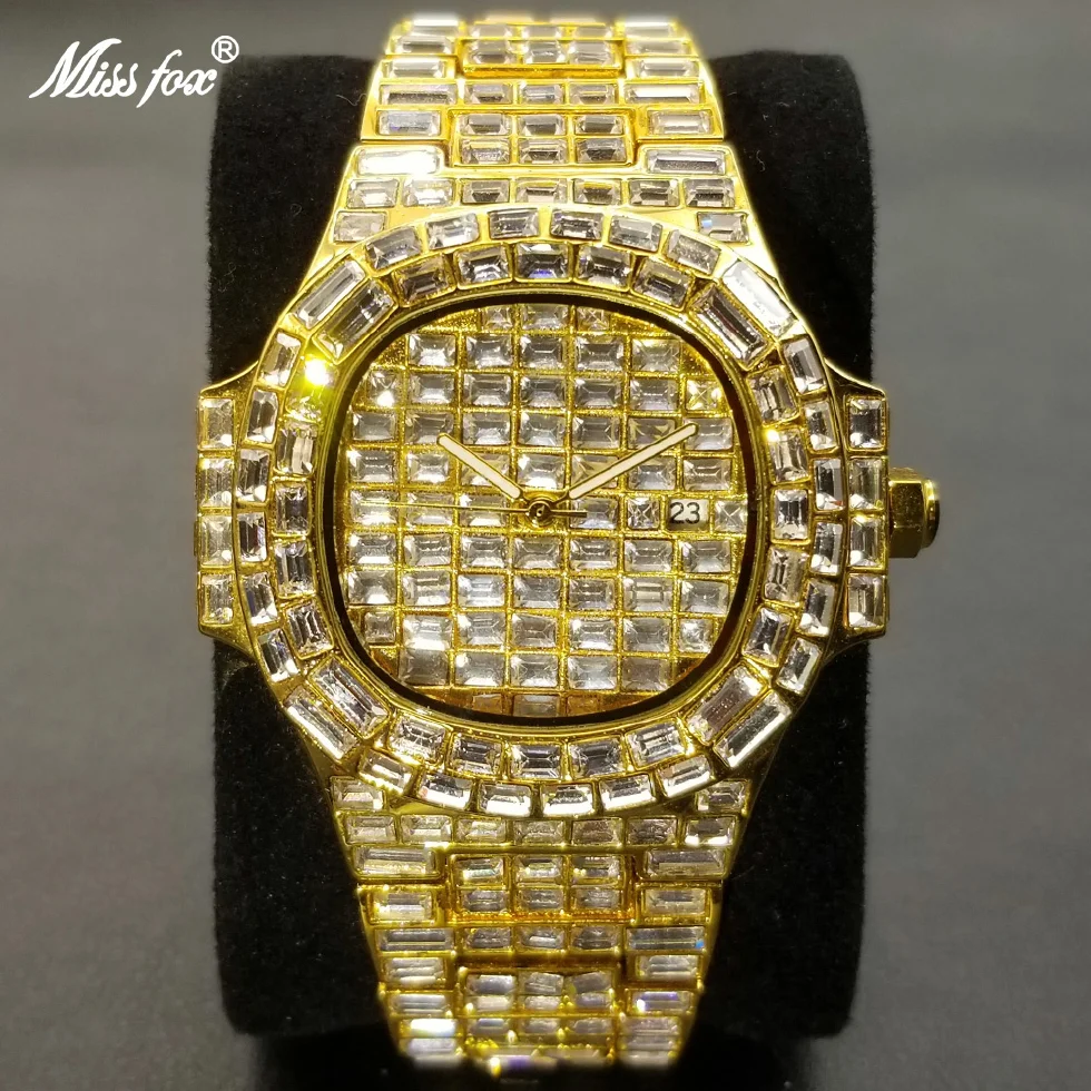 

MISSFOX 2022 Ice Out Men's Watches Top Brand Stainless Steel Quartz Clock Luxury Hip Hop Full Diamond Bling Gold Male Watch Gift