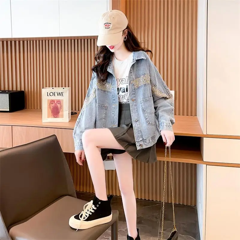 

Denim Jacket for Women 2022 Fast Delivery Fashion Women Jacket Full Sleeve Loose Button Pearls Short Lapel Wild Leisure Coats