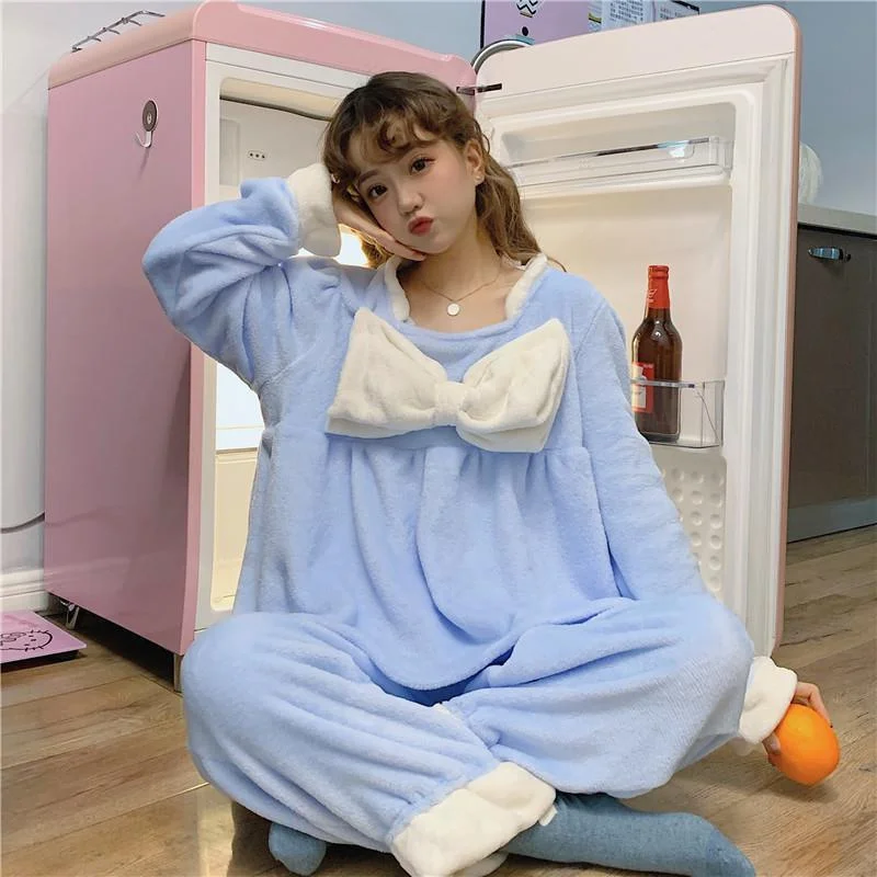 Sweet Pajamas Set Lace Bow Cute Sleepwear For Women Pyjama Women's Flannel Full-Sleeve Fashion Princess Style Homewear Plus Size