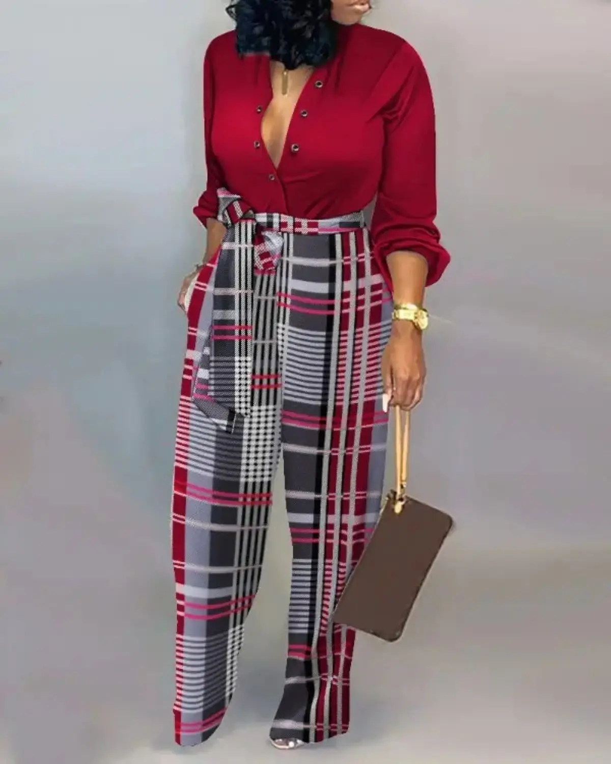Spring and Summer New Women's Set Fashion Sexy V-neck Printed Thin Long Sleeve Pants Casual Women's High Waist Jumpsuit