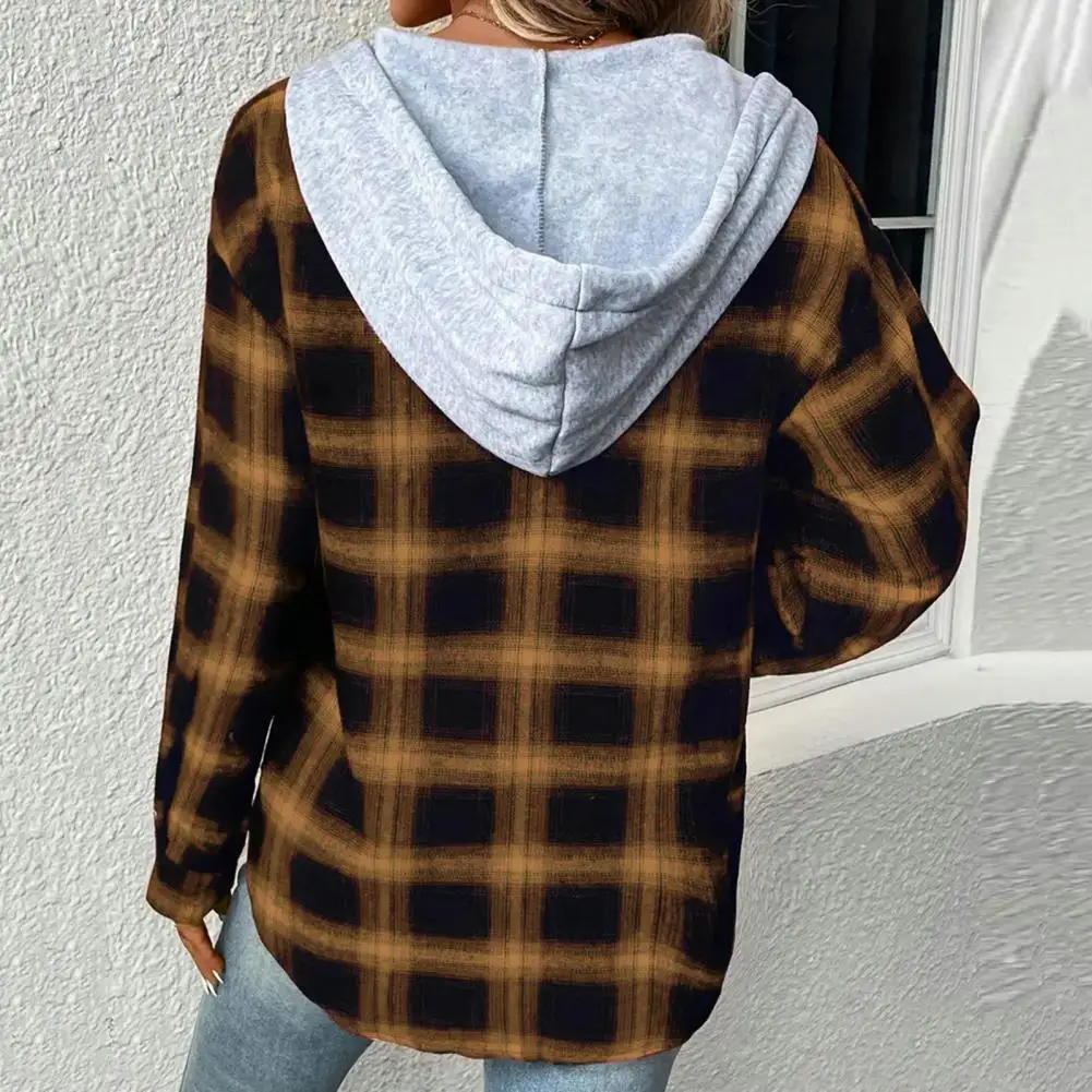 

Winter Women Hoodie Coat Stylish Plaid Hoodie Coats for Women Single Breasted Drawstring Patch Pocket Design for Autumn Winter