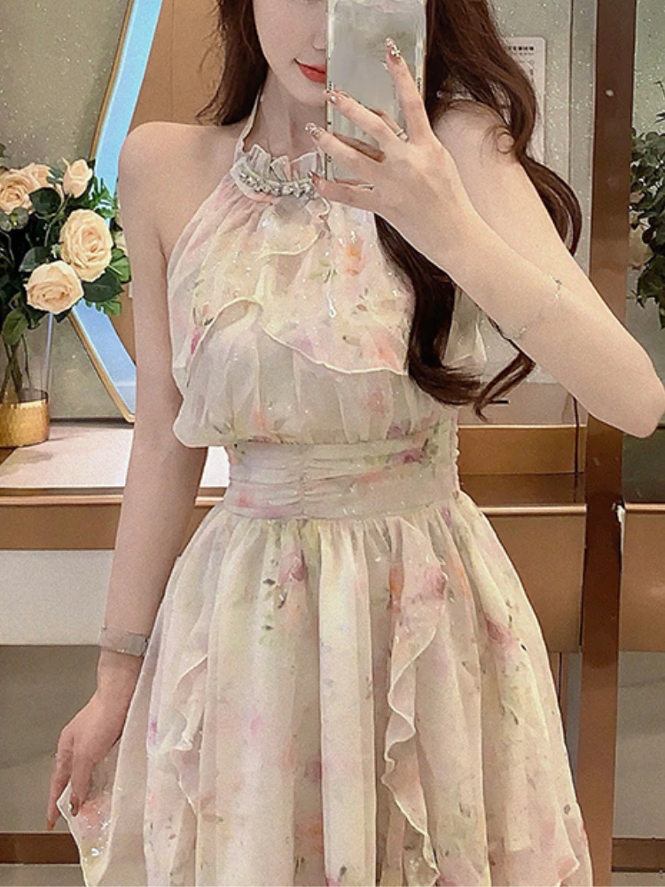 

Floral Even Party Dress Women 2023 Summer Vintage Sleeveless Mini Dress Female French Fairy Elegant One Piece Dress Korean Chic