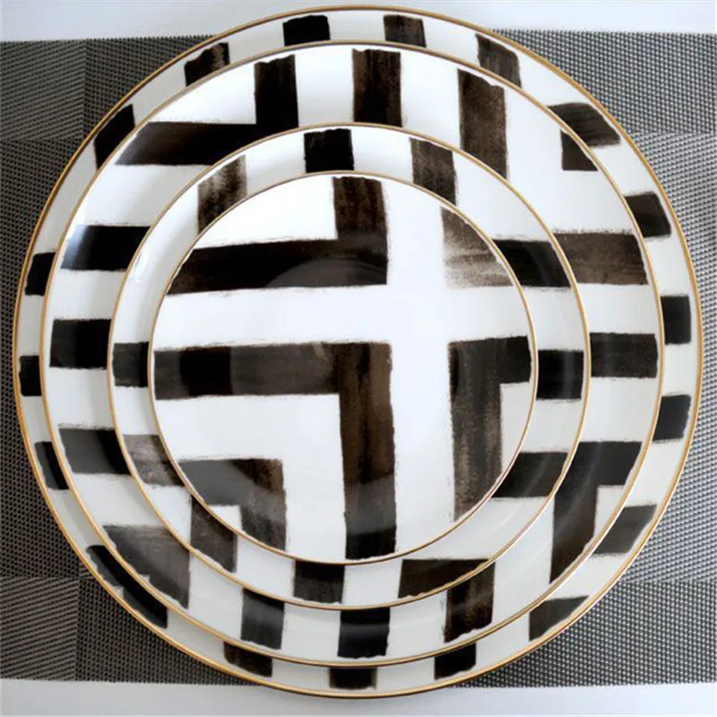 

Christmas Gifts Bone China Plate Round Plate Platos Tray Dinner Set Cross-Border Pattern Restaurant Grid Plate Gold Food Dish