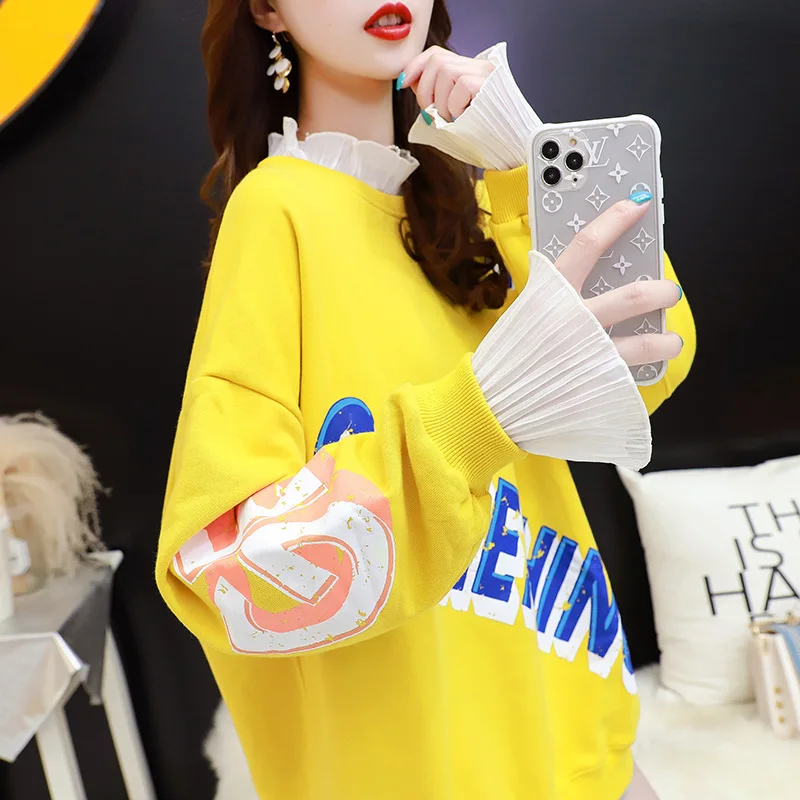 

French bubble sleeve long sleeve T-shirt INS sweet spring lace Mosaic flounces hoodie women's sweet pullover