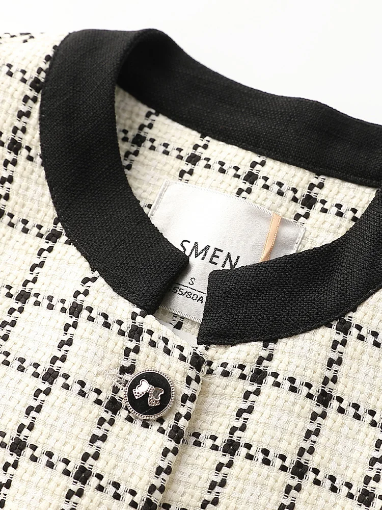 [Same Sle with Mall] Smen Shimeng Ретро клетчатое элегантное изящное короткое пальто с круглым