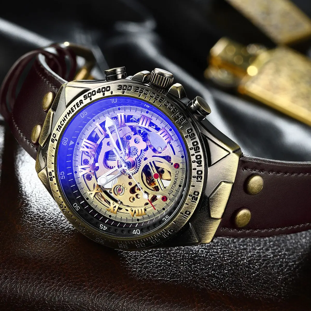 

New 2022 Men Punk Retro Skeleton Fashion Watch Male Vintage Clock Wide Leather Bracelet Hollow AAA Watches Gift Reloj hombre