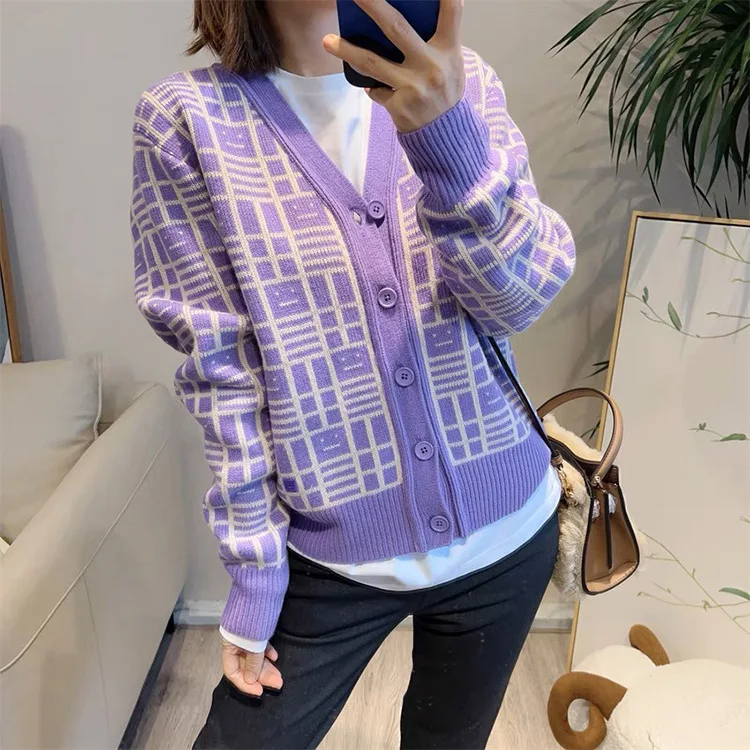

Women Plaid Sweater Retro V-neck Loose Long Sleeve Ladies Knitted Cardigan 2023 Spring Autumn
