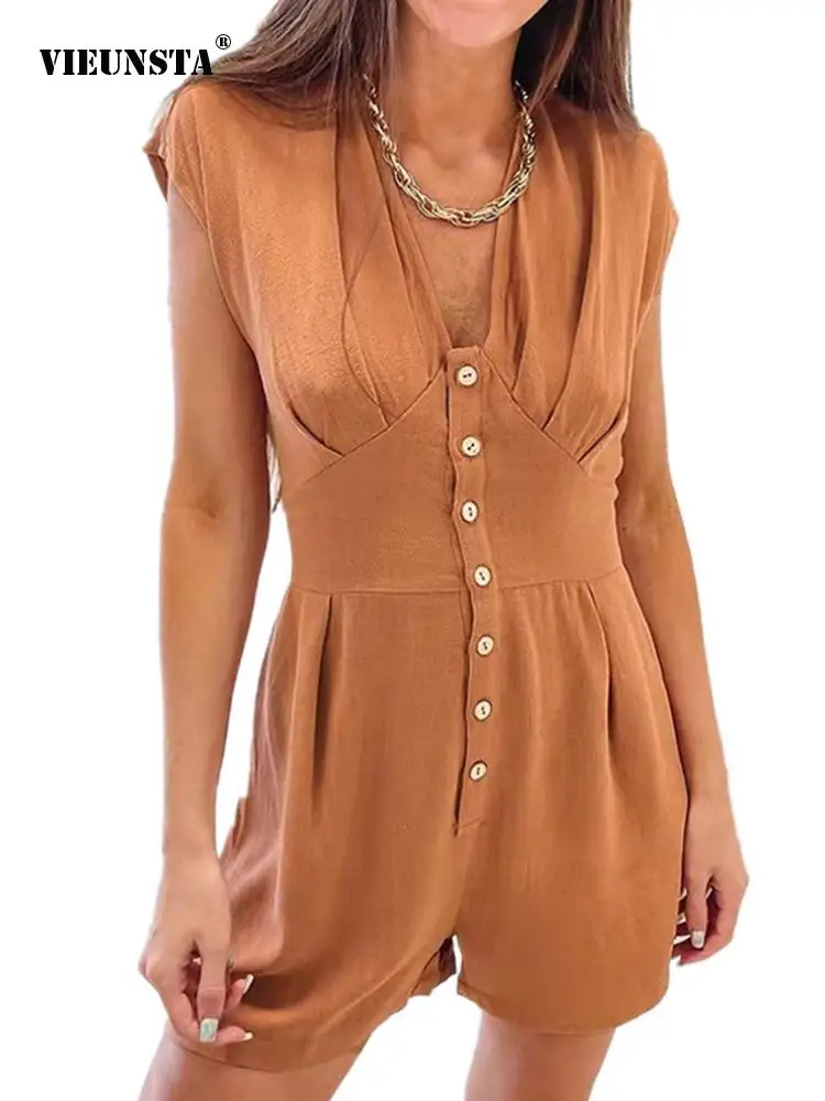 

Casual Simple Street V-Neck Solid Color Romper Summer Sexy Harajuku Overalls Women Button Patchwork Short Sleeve Shorts Jumpsuit