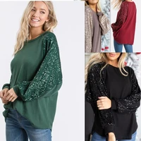 2022 womens t shirt summer long sleeve o neck t shirt with sequins casual loose tops