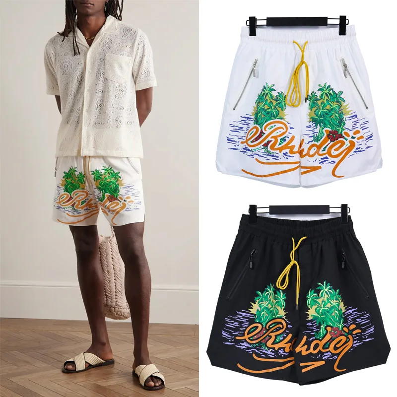 

High Quality RHUDE 23ss Summer New American Tide Brand Coconut Tree Water Splash Alphabet Print Loose Casual Men's Sports Shorts
