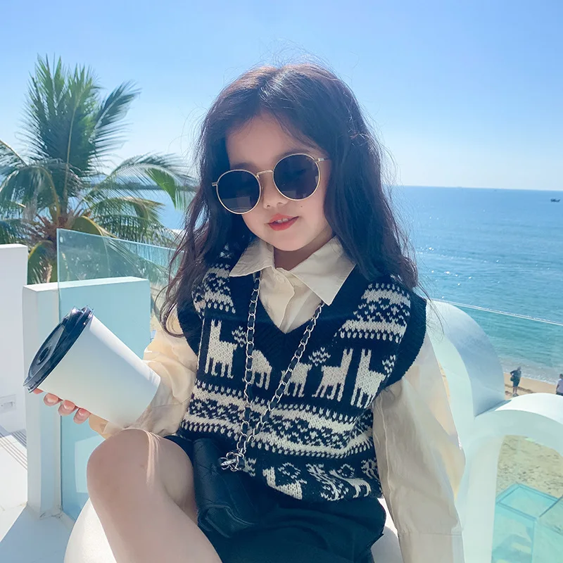 

Sleeveless Knitted Girls Vests Korean Children's Clothing Kids Waistcoats V-neck Sweater Vest Toddler Clothes Cartoon Outerwear