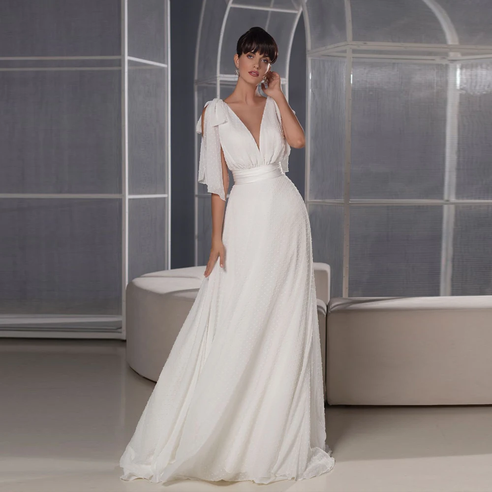 

Bohemian A Line Wedding Dress For Bride Cap Sleeve V Neck Boho Beach Party Bridal Gown Button Back Vestido De Novia Sweep Train