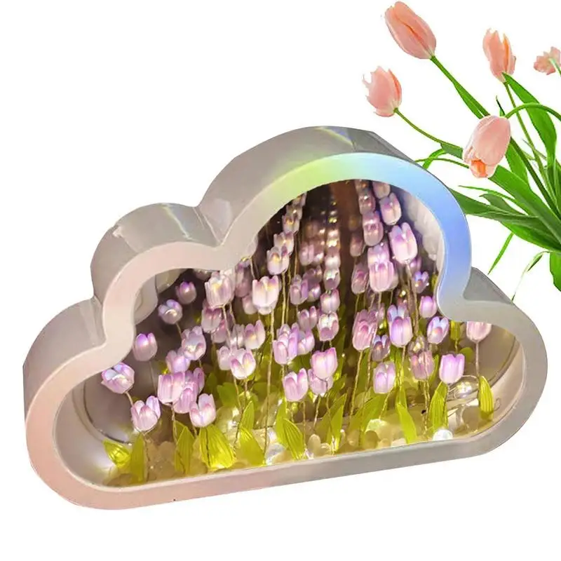 

DIY Tulip Night Light Portable Artificial Flower Sea Cloud Mirror Tulip Night Light Girl Bedroom Ornaments for Desktop Decor