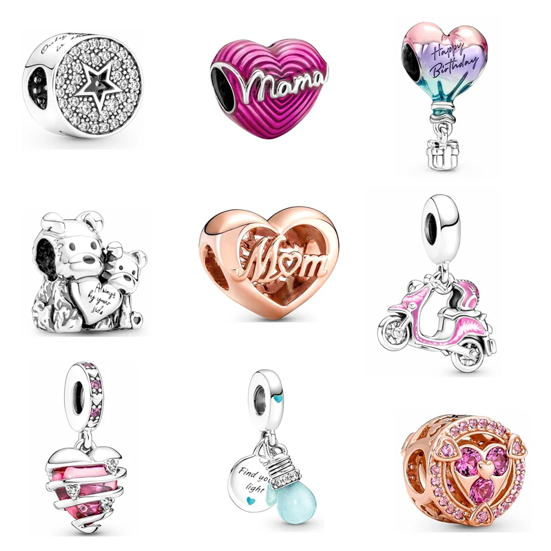 Autentico 925 Argento Mongolfiera Rosa Orso Amore Mamma Cuore Moto Charms Ciondola Fit Originale Pandora Braccialetto Gioielli
