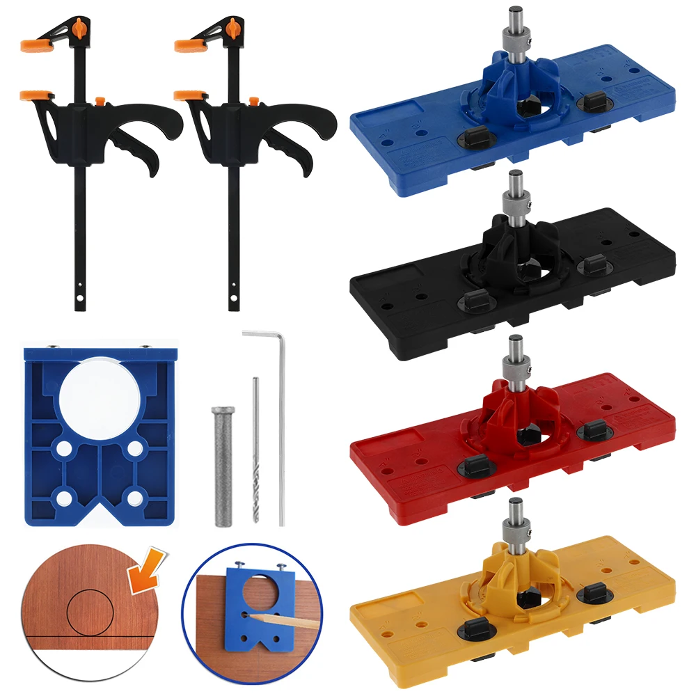 

Concealed 35mm Hinge Positioning Drilling Boring Jig Drill Guide Locator + Hole Opener + Blue Positioner + 2Pcs 4 Inch F Clips