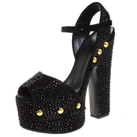 ladies blue sequined diamond platform sandals black colored diamond rough square heel buckle party shoes large size 35 44