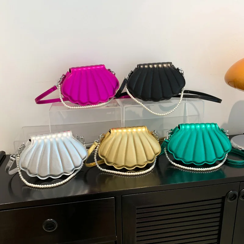 Patent Leather Handbags for Women 2023 New Trend Pearl Beaded Small Shell Bag Candy Color Personality Fashion Woman Shoulder Bag
