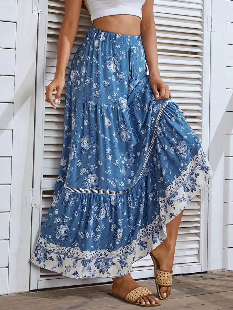 

Vintage Women Floral Print Bohemian Style Skirts Elastic High Waist Party Beach Boho Style Long Maxi Skirts 2022 Retro