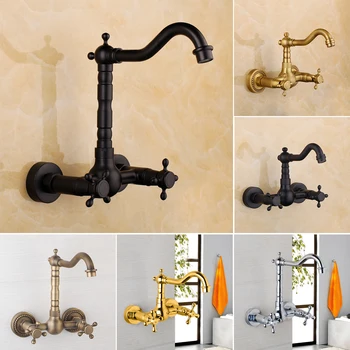 Bathroom Sink Faucet Wall Mounted Faucets Basin Tap Bathtub Mixer Swivel Dual Control Tiles Black Chrome Gold Antique Color Taps