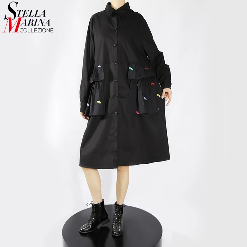 

Новая осенняя одежда, женское черное прямое платье-рубашка миди размера плюс с оборками и принтом для девочек, повседневный уличный стиль, ...