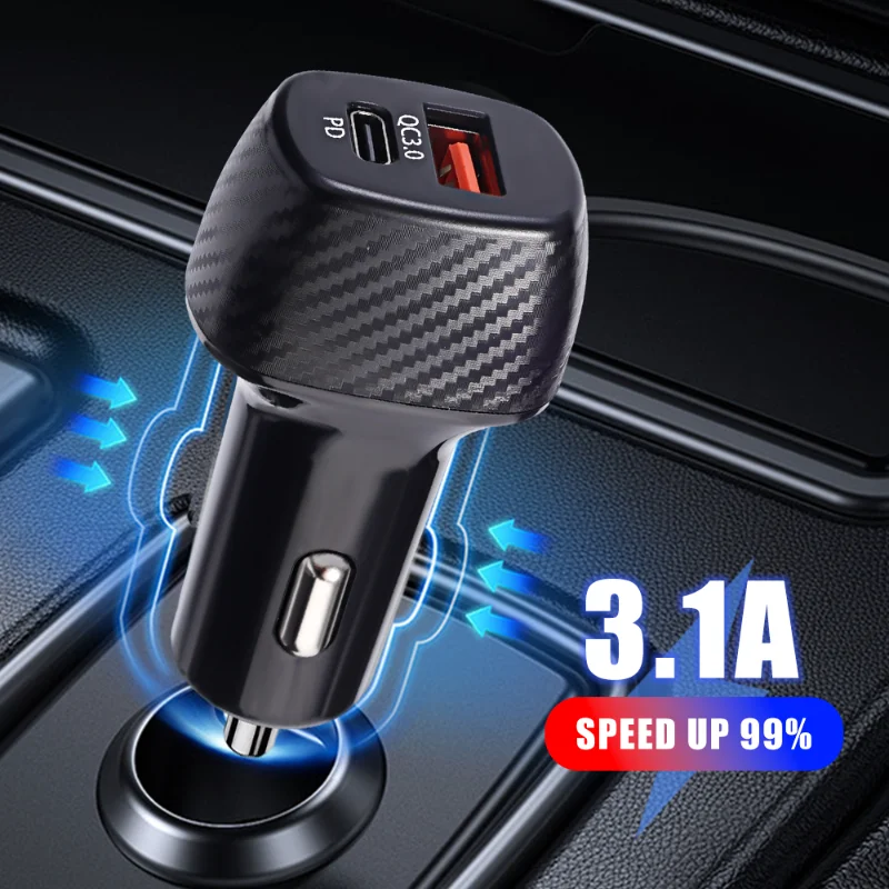 

New Carbon Fibre Car Charger 3.1A Typec+PD Car Phone Charger for IPhone 14 13 12 Xiaomi Huawei Samsung S21 S22 Fast Charging